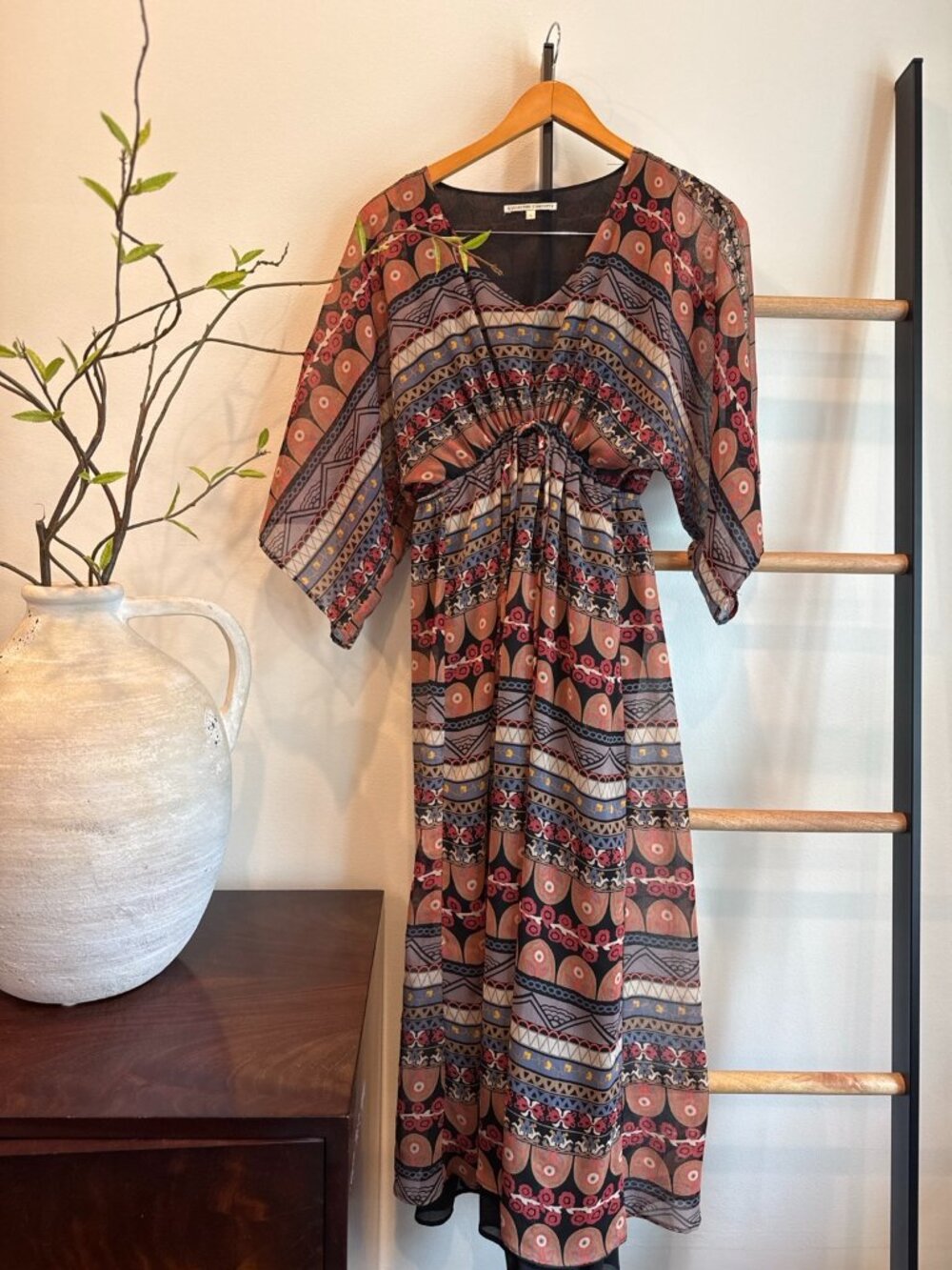 Collective Concepts Boho Printed Midi Dress Size Large Flowey Tie Waist